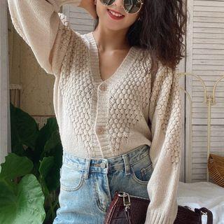Plain V-neck Single-breasted Puff-sleeve Sweater
