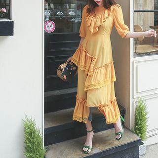Asymmetric Ruffle-trim Sheer Long Dress