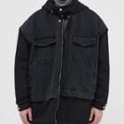 Mock Two-piece Hooded Denim Panel Zip-up Jacket