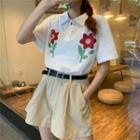 Short-sleeve Floral Printed Polo Shirt / Plain Shorts