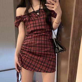 Cap-sleeve Off-shoulder Halter Plaid Mini Sheath Dress