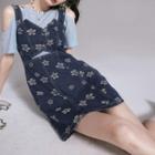 Short-sleeve Cold Shoulder T-shirt / Floral Denim Mini Overall Dress