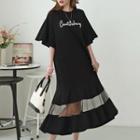 Bell-sleeve Letter Tulle-trim Long Dress