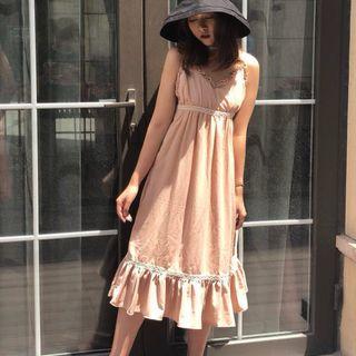 Lace Trim Spaghetti Strap Midi A-line Dress Almond Pink - One Size