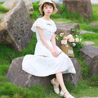 Off Shoulder Embroidered Short-sleeve Midi A-line Dress