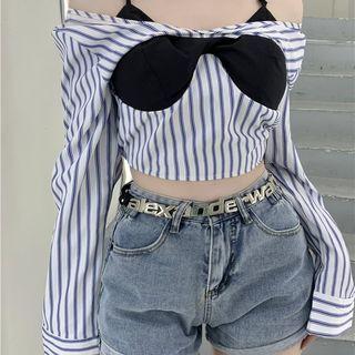 Long-sleeve Off-shoulder Striped Crop Top Stripe - Blue - One Size