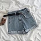 High-waist Roll Up Denim Shorts / Faux Leather Belt