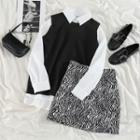 Plain Long-sleeve Shirt / Knit Vest / Zebra Print Mini Skirt