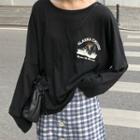 Printed Long-sleeve T-shirt Top - Black - One Size