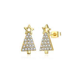 Delicate Christmas Tree Stud Earrings With Austrian Element Crystal Golden - One Size