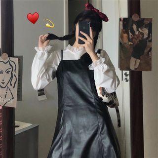 Long-sleeve Mock-neck Frill Trim Blouse / Faux Leather Mini A-line Pinafore Dress