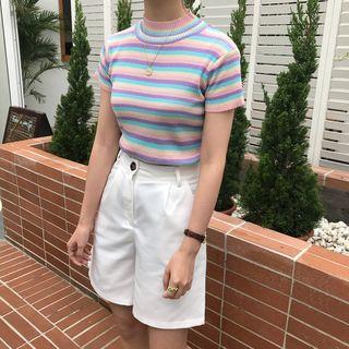 Striped Mock-neck Short-sleeve T-shirt As Shown In Figure - One Size