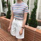 Striped Mock-neck Short-sleeve T-shirt As Shown In Figure - One Size