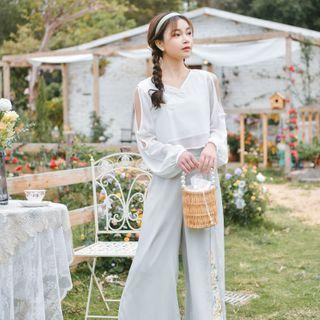 Long-sleeve Cold Shoulder Top / Embroidered Wide Leg Pants