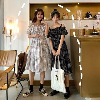 Off-shoulder Dot Print Ruffled Midi Dress