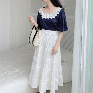 Eyelet Lace Panel Top / A-line Midi Skirt