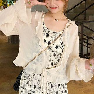 Ruffle Tie-front Chiffon Jacket White - One Size
