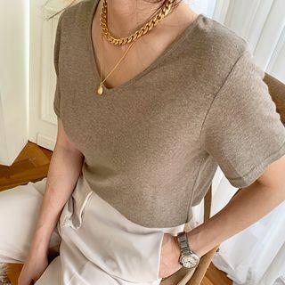 V-neck Linen Blend T-shirt Dark Beige - One Size