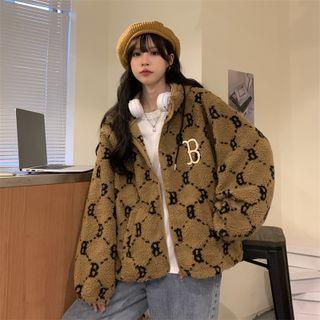 Lettering Pattern Hooded Zip Fleece Jacket