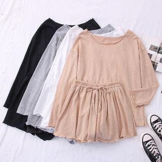 Set: Ruffled-edge Drop-shoulder T-shirt + Drawcord Shorts