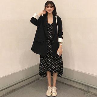 Plain Blazer / Dotted Spaghetti-strap Midi A-line Dress