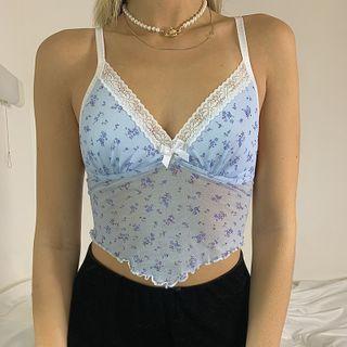 Flower Print Lace Trim Camisole Top
