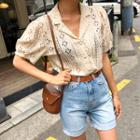Notched-collar Puff-sleeve Lace Blouse