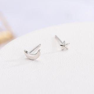 925 Sterling Silver Moon & Star Earring Es846 - 1 Pair - White Gold - One Size