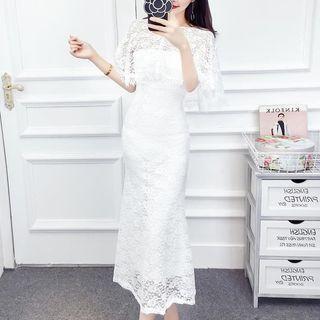 Set: Strapless Midi Lace Dress + Lace Cape