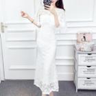 Set: Strapless Midi Lace Dress + Lace Cape