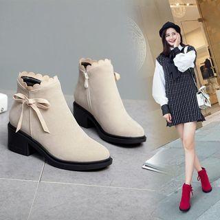 Scallop Trim Block Heel Bow Ankle Boots