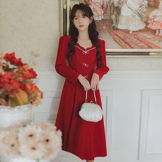 Long-sleeve Faux Pearl Bow Midi A-line Dress