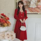 Long-sleeve Faux Pearl Bow Midi A-line Dress