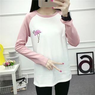 Flamingo Print Long-sleeve Raglan T-shirt