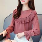 Long-sleeve Frill-trim Round-neck Blouse