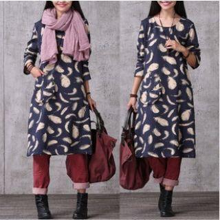 Long-sleeve Feather Print Dress