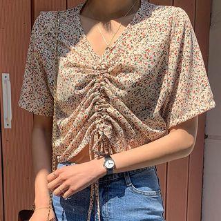 Drawstring-front Floral Top In 4 Colors