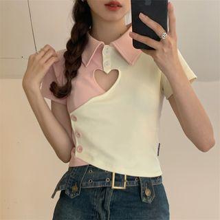 Short-sleeve Heart Cutout Wrap Polo Shirt