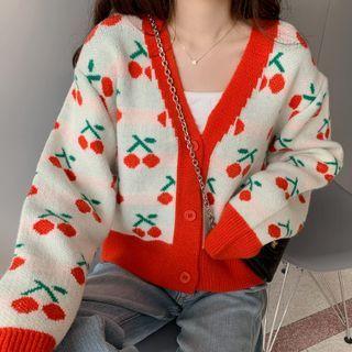 Cherry Jacquard Long-sleeve Cardigan Off-white & Red - One Size