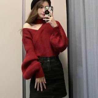 Choker-neck Cold-shoulder Sweater