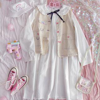 Long-sleeve Collared Shift Dress White - One Size