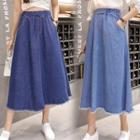 Frayed Hem Midi A-line Denim Skirt