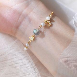 925 Sterling Silver Faux Pearl Moon & Star Bracelet