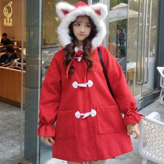 Faux Fur Trim Ear Accent Hooded Toggle Coat