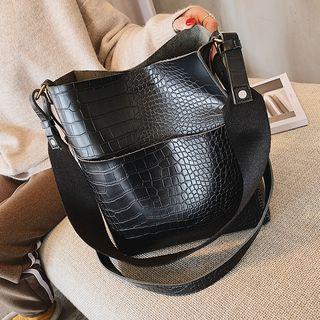 Set: Croc Grain Faux Leather Shoulder Bag + Pouch