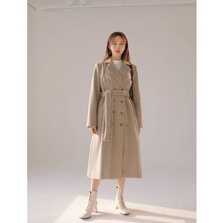 Double-breasted Pleated-waist Long Coat With Sash