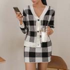 Set: Check V-neck Cardigan + Knit Mini Fitted Skirt Black & White - One Size