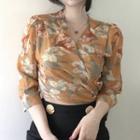 Elbow-sleeve Floral Chiffon Top Light Brown - One Size