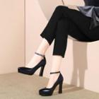 Genuine Leather Pointed Chunky Heel Platform Ankle Strap Pumps