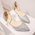 Faux Pearl Ankle Strap Glittered Pumps